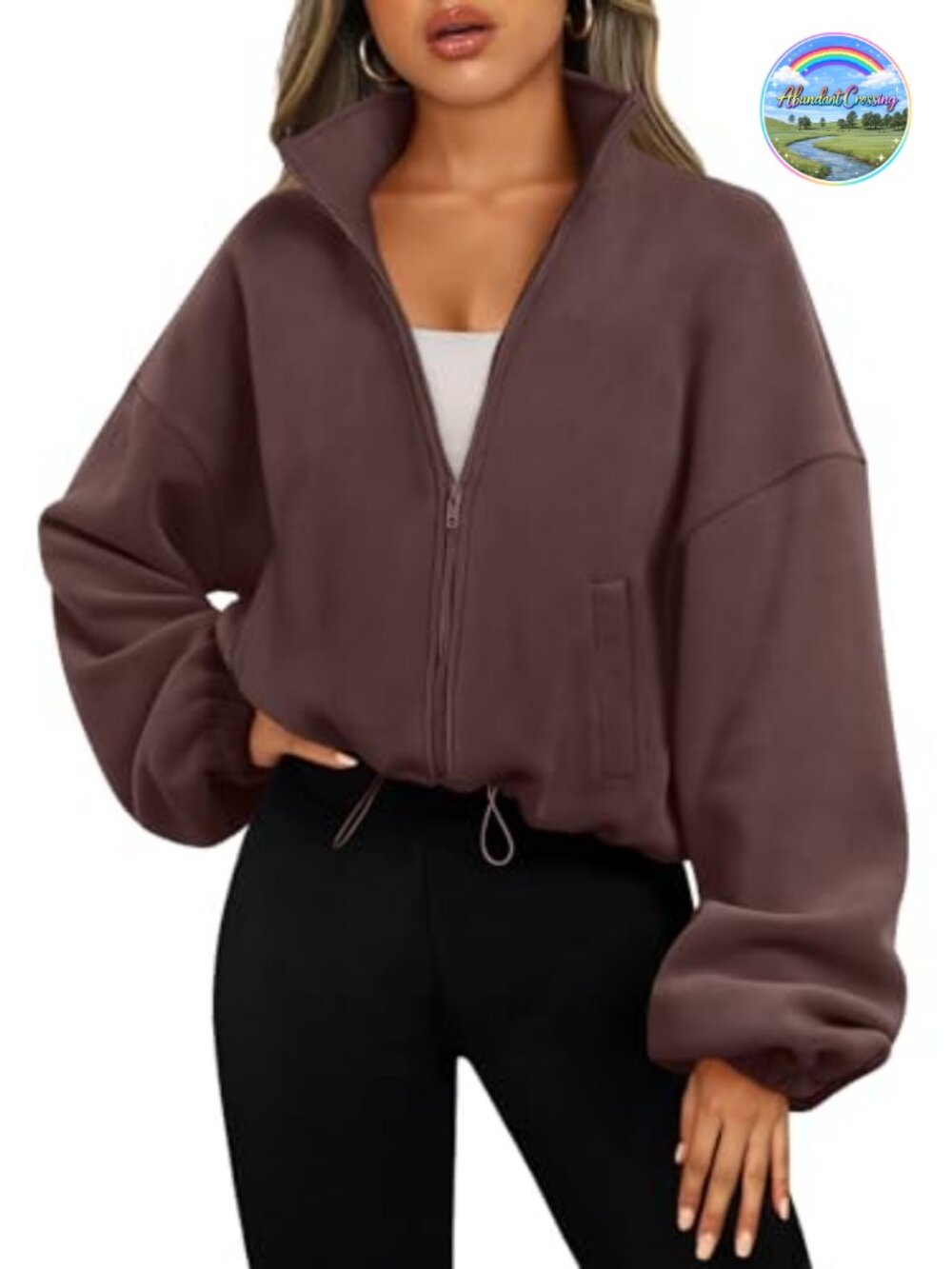 Women's Oversized Cropped Fleece Zip Up Jacket Full Zip Sweatshirt Y2K
